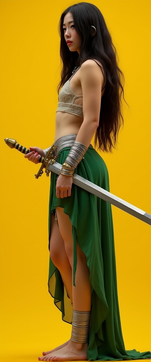 A masterpiece photograph shot on Canon EOS R6,  showcasing a woman dressed in a warrior costume is stunning. She is holdin...