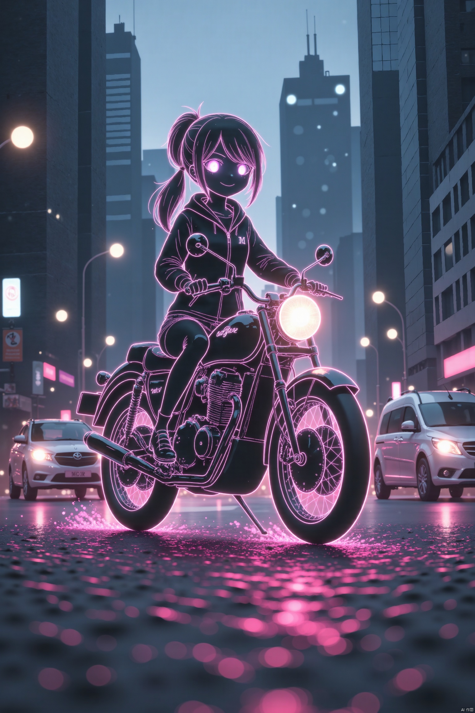 pink light line art,  A beautiful girl  is walking on a motorcycle in the city
