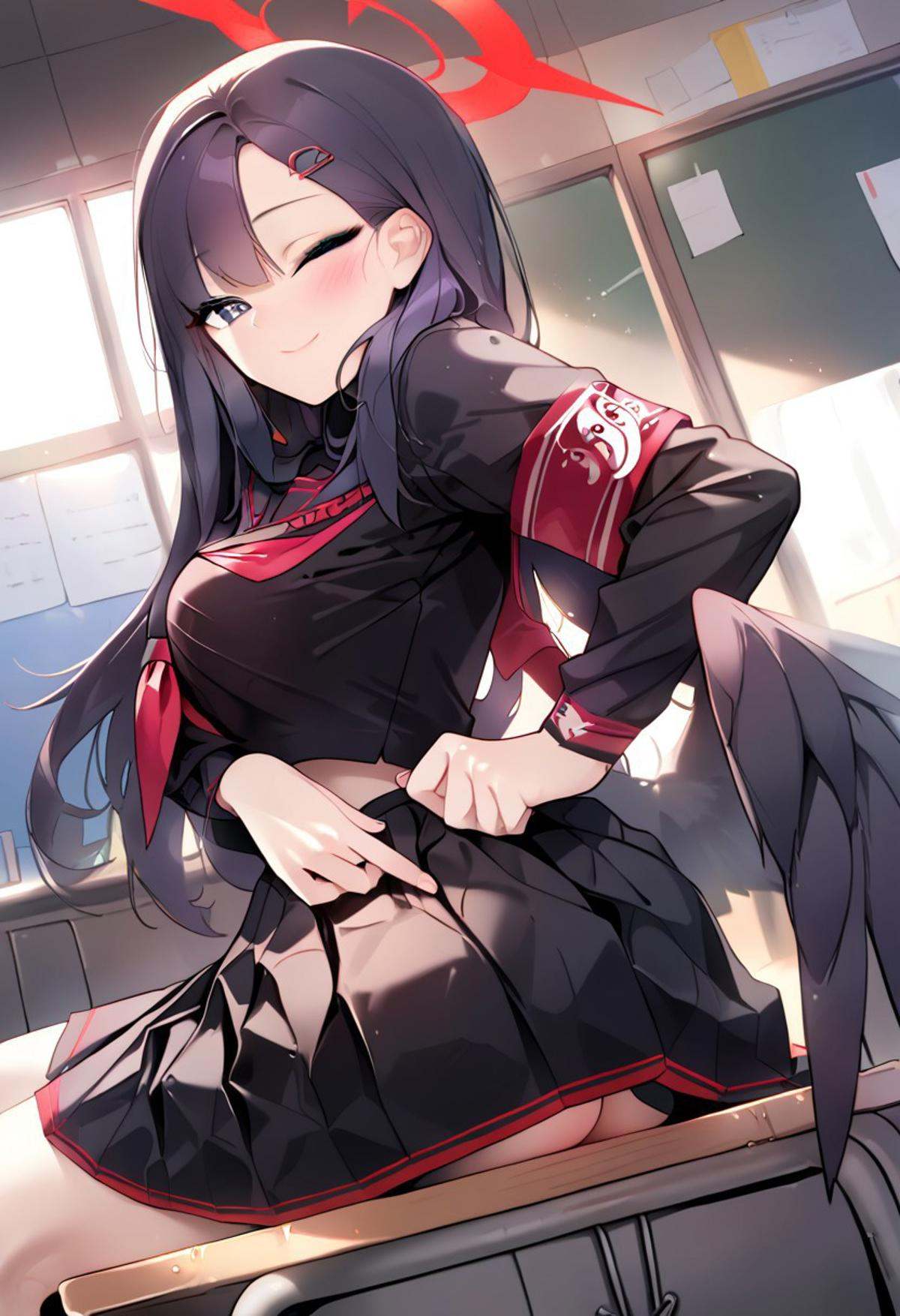 score_9, score_8_up, score_7_up, source_anime, ADJUSTING SKIRT, 1girl,solo,long hair,breasts,looking at viewer,blush,smile,bangs,skirt,shirt,black hair,hair ornament,long sleeves,sitting,closed mouth,school uniform,purple hair,ass,pleated skirt,one eye closed,wings,serafuku,hairclip,indoors,black skirt,sailor collar,neckerchief,black shirt,halo,armband,red neckerchief,desk,black wings,black serafuku,;\),classroom,school desk,low wings,on desk,