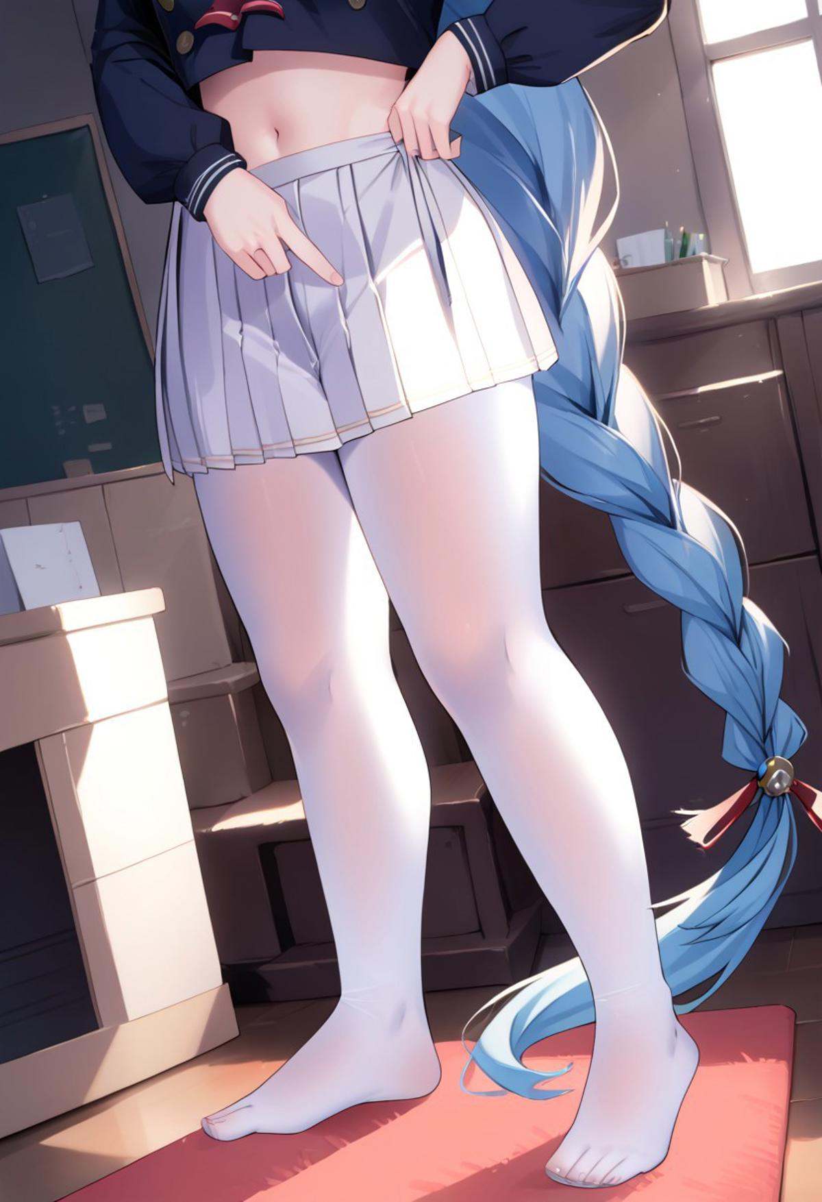 score_9, score_8_up, score_7_up, source_anime, ADJUSTING SKIRT, 1girl, solo, long hair, skirt, shirt, long sleeves, navel, very long hair, school uniform, blue hair, standing, full body, white shirt, braid, pantyhose, pleated skirt, midriff, indoors, feet, official alternate costume, legs, single braid, no shoes, white skirt, white pantyhose, braided ponytail, manjuu \(azur lane\)