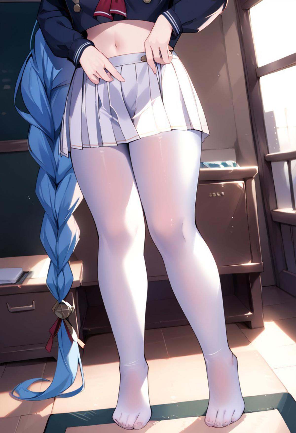 score_9, score_8_up, score_7_up, source_anime, ADJUSTING SKIRT, 1girl, solo, long hair, skirt, shirt, long sleeves, navel, very long hair, school uniform, blue hair, standing, full body, white shirt, braid, pantyhose, pleated skirt, midriff, indoors, feet, official alternate costume, legs, single braid, no shoes, white skirt, white pantyhose, braided ponytail, manjuu \(azur lane\)