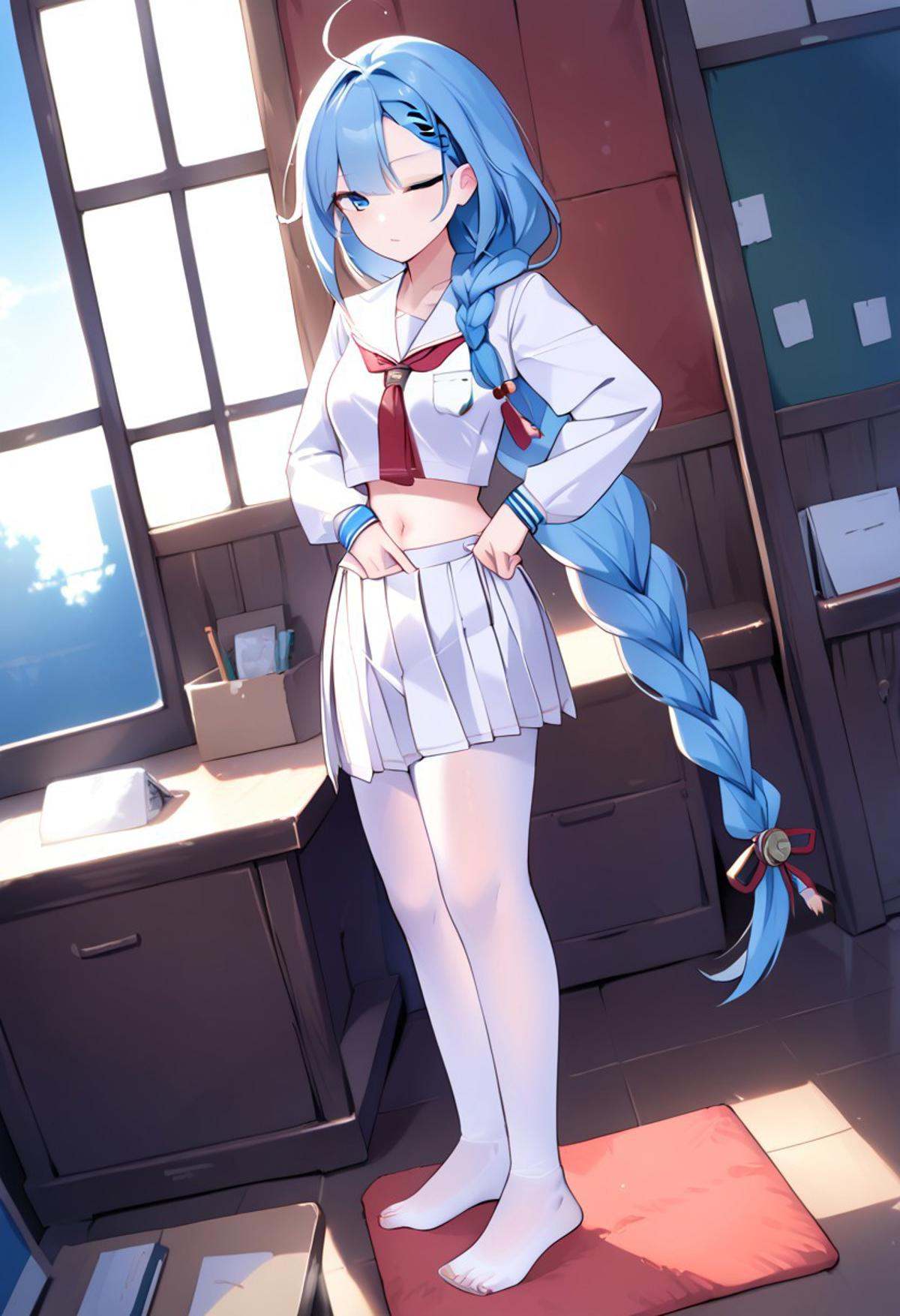 score_9, score_8_up, score_7_up, source_anime, ADJUSTING SKIRT, 1girl, solo, long hair, skirt, shirt, long sleeves, navel, very long hair, school uniform, blue hair, standing, full body, white shirt, braid, pantyhose, pleated skirt, midriff, indoors, feet, official alternate costume, legs, single braid, no shoes, white skirt, white pantyhose, braided ponytail, manjuu \(azur lane\)