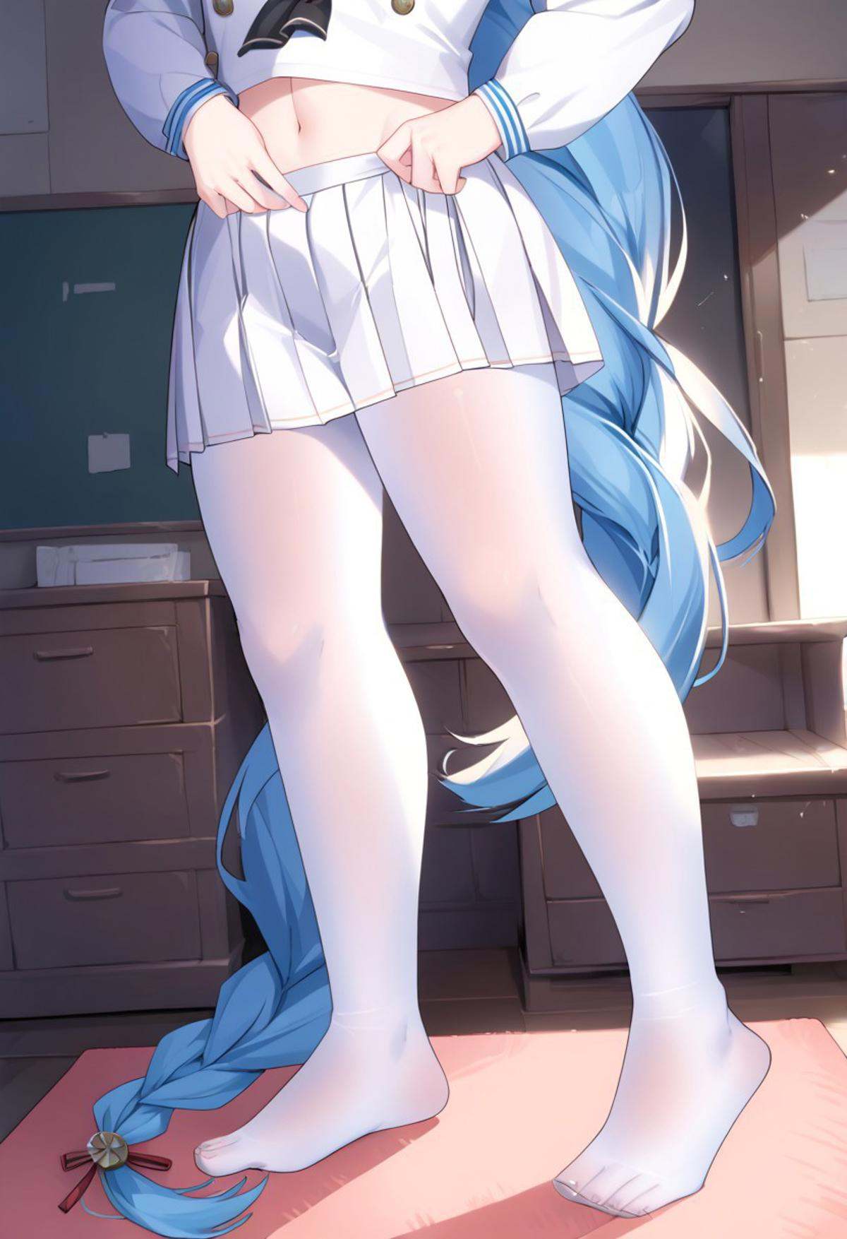 score_9, score_8_up, score_7_up, source_anime, ADJUSTING SKIRT, 1girl, solo, long hair, skirt, shirt, long sleeves, navel, very long hair, school uniform, blue hair, standing, full body, white shirt, braid, pantyhose, pleated skirt, midriff, indoors, feet, official alternate costume, legs, single braid, no shoes, white skirt, white pantyhose, braided ponytail, manjuu \(azur lane\)