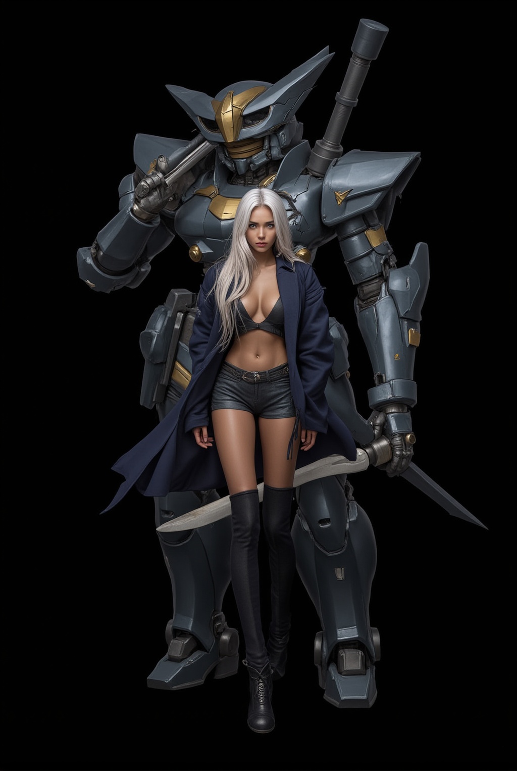 1girl, solo, long hair, breasts, looking at viewer, blue eyes, large breasts, simple background, thighhighs, navel, cleavage, jacket, full body, weapon, white hair, boots, open clothes, shorts, midriff, belt, sword, dark skin, black footwear, dark-skinned female, coat, fur trim, robot, black background, mecha, black coat, ek_g1rl_02,ek_art_b00ster