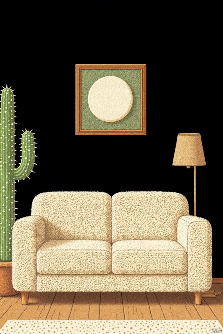 OBdianz, A detailed 3D view of a beige sofa against a black wall. The sofa is adorned with a speckled pattern of white spots. To the left of the sofa is a green cactus with spikes protruding from its trunk. The cactus is on a brown pot with a brown wooden floor. Above the couch is a brown framed painting with a white circle in the center. To its right is a light brown lamp shade.