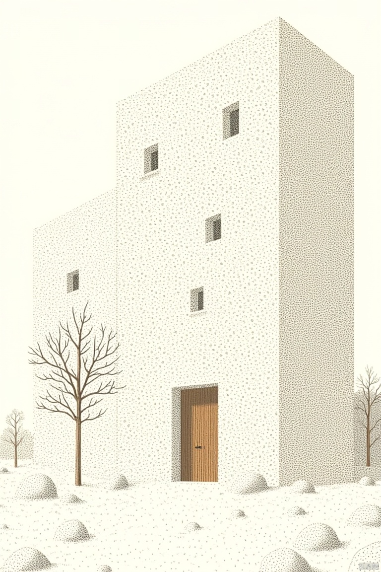 OBdianz, An eye-level view of a white building with black dots all over it. The building has a brown door in the middle of it. There are two bare trees on either side of the door. The ground below the building is covered in small rocks. The background of the image is a solid white color.