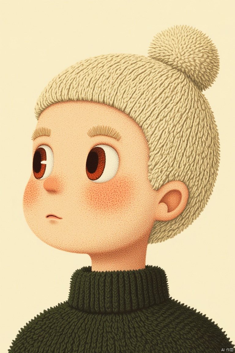 OBdianz, An eye-level view of a human head is depicted in a low-angle perspective. The head is adorned with a beige beanie
and the beanie has a textured texture. The eyes are a deep
vibrant red
while the nose and mouth are a lighter shade of orange. The background is a creamy beige
and there is a dark green sweater below the head.