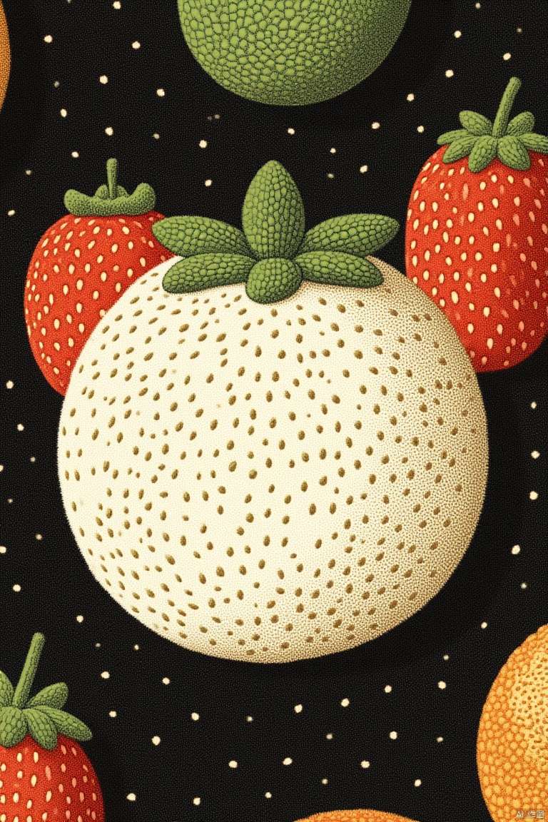 OBdianz, An eye-level view of a fabric with a black background. The fabric features a large white ball
dotted with small white dots. The ball is positioned in the middle of the image
with two strawberries on either side of it. The strawberries are orange
with a green stem
and green leaves on the top. There is a green apple on the left side of the ball
and another orange on the right side. There are green leaves at the top of the strawberries.