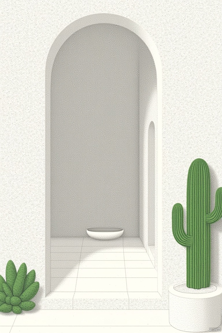 OBdianz, a vibrant green cactus is positioned against a stark white wall
adding a pop of color to the otherwise monochromatic scene. The cactus's shadow can be seen on the left side of the frame
while the cactus on the right side is positioned in a way that creates a sense of depth and perspective. The wall is adorned with a textured pattern
adding depth and dimension to the scene. In the center of the image
a white bowl is positioned on the floor
adding contrast to the composition.
