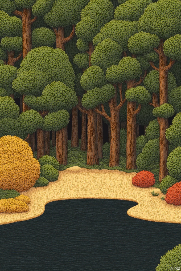 OBdianz, An eye-level view of a forest scene. The scene is depicted in a low-angle perspective
with a lake in the foreground and a line of trees in the background. The trees are a vibrant shade of green
and their leaves are a darker shade of brown. The lake is a dark blue
and there is a path in the middle of the lake that is a light brown color. To the left of the trees
there are two large round objects that are yellow and orange.