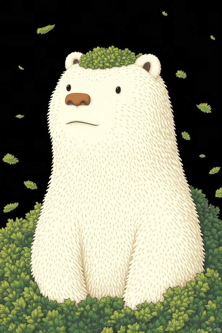 OBdianz, A cartoon drawing of a white polar bear with a brown nose and black eyes. The bear's head is facing the left side of the image. The polar bear is standing on top of a bed of green grass. The background of the bear is black. There are small green leaves in the background.