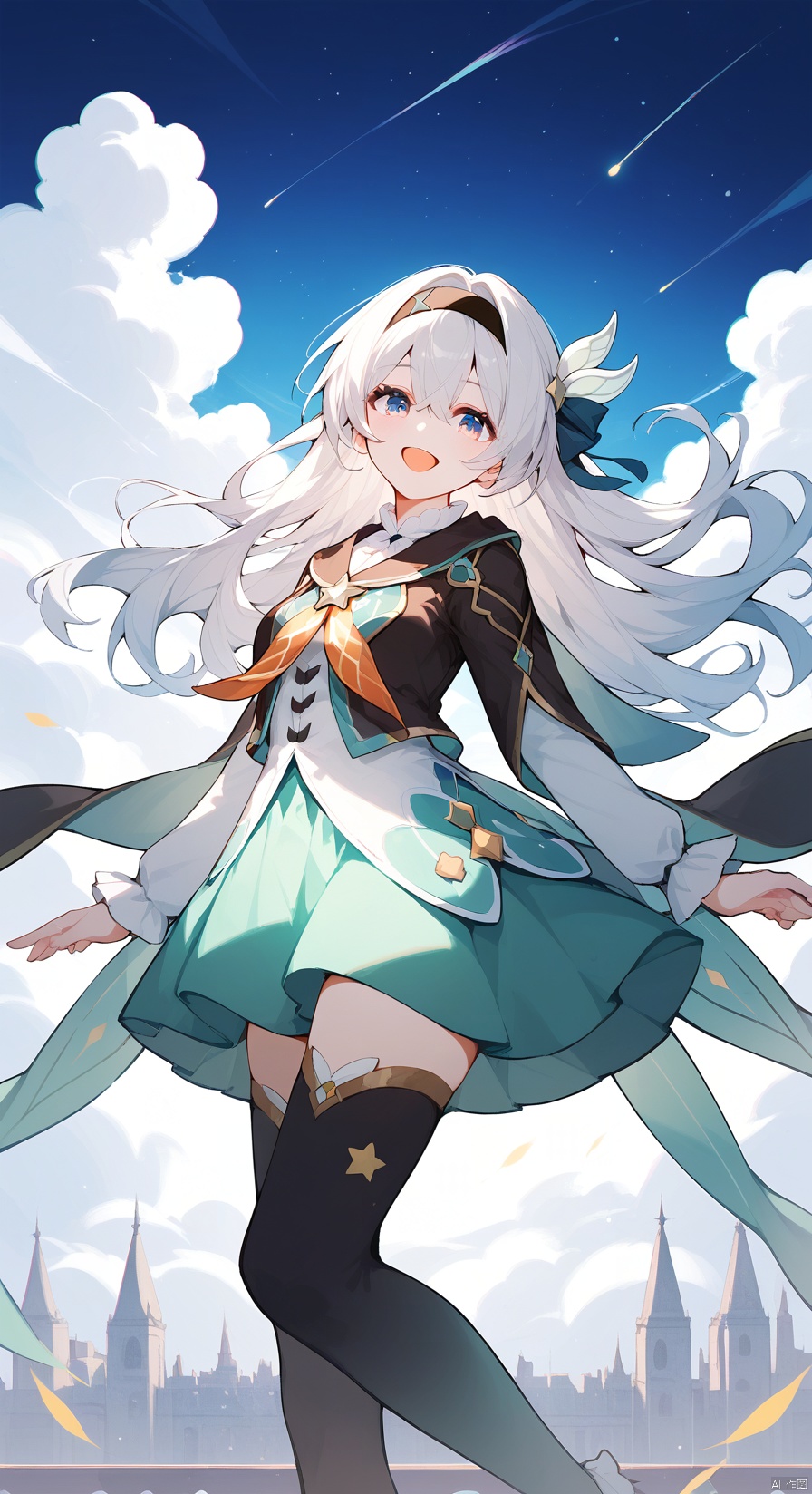 (score_9,score_8_up,score_7_up), (masterpiece),( beautiful),(high quality),(finely detailed),extremely detailed CG unity 8k wallpaper,best quality, 1girl, solo, long hair, looking at viewer, smile, open mouth, bangs, blue eyes, skirt, shirt, hair ornament, thighhighs, long sleeves, holding, standing, white shirt, white hair, hairband, outdoors, sky, black thighhighs, feet out of frame, black hairband, green skirt, star \(sky\), starry sky, shooting star,fireflySR