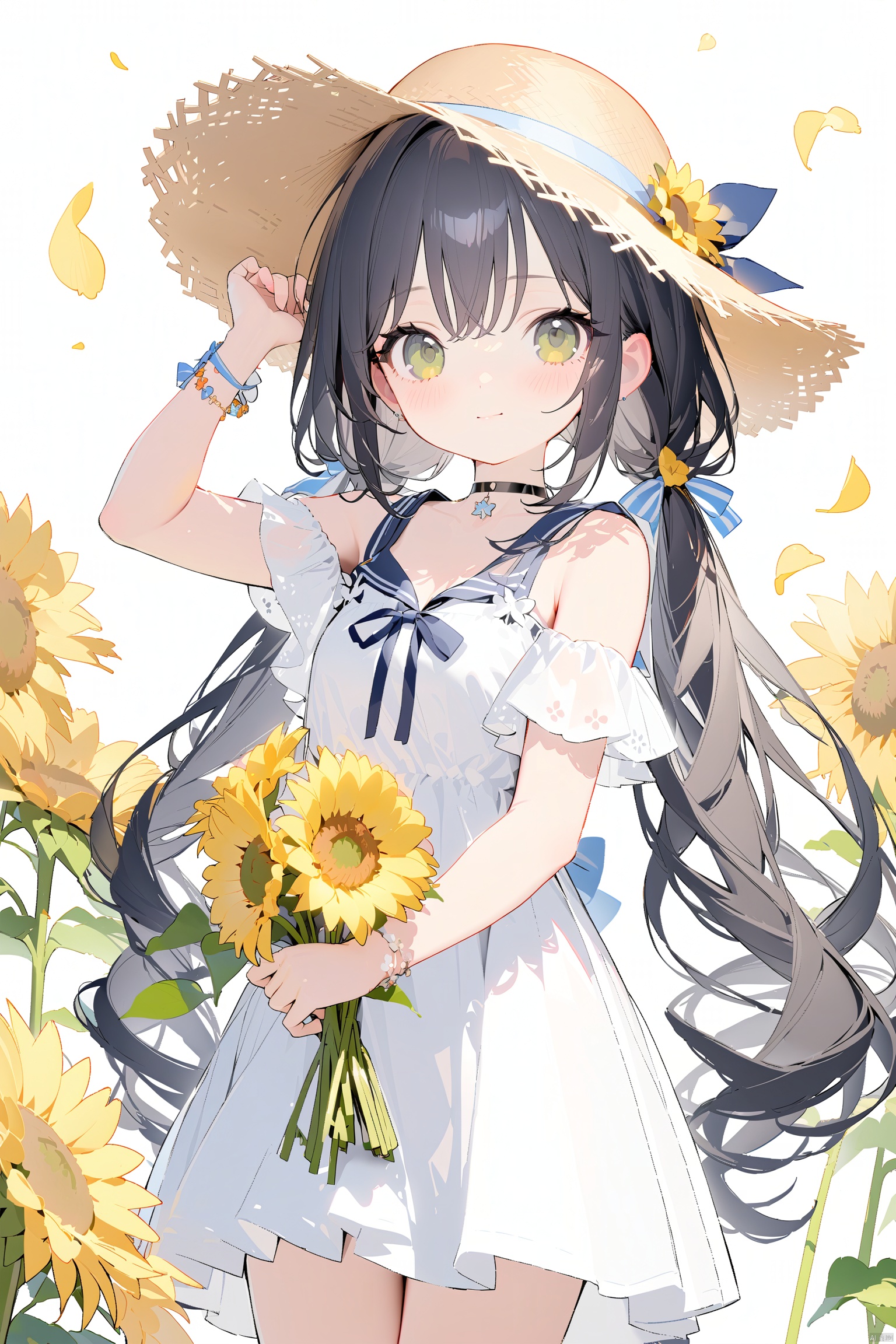 1girl, solo, flower, hat, dress, long hair, sunflower, straw hat, white dress, blue sailor collar, black hair, petals, sailor collar, holding, twintails, green eyes, holding flower, looking at viewer, sleeveless, bracelet, sailor dress, blush, jewelry, yellow flower, low twintails, hand on headwear, bangs, collarbone, closed mouth, sleeveless dress, very long hair, bare shoulders, arm up, choker, ribbon, brown headwear, white background, sun hat