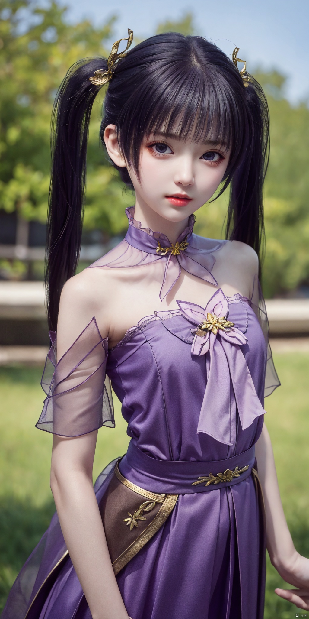 best quality, masterpiece, realistic,cowboy_shot,(Good structure), DSLR Quality,Depth of field, ,looking_at_viewer,Dynamic pose, ziyan, 1girl, solo, twintails, looking at viewer, upper body, dress
