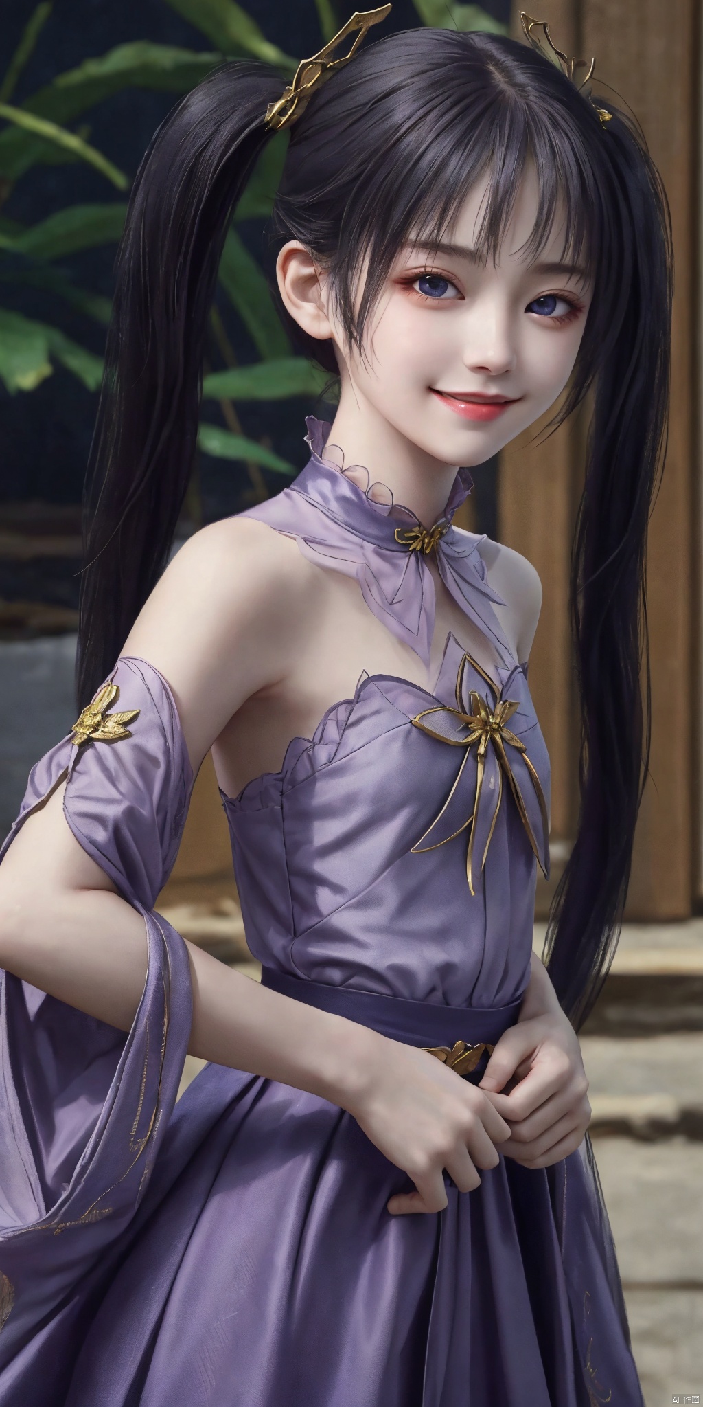 best quality, masterpiece, realistic,cowboy_shot,(Good structure), DSLR Quality,Depth of field,kind smile,looking_at_viewer,Dynamic pose, ziyan, 1girl, solo, twintails, looking at viewer, upper body, dress