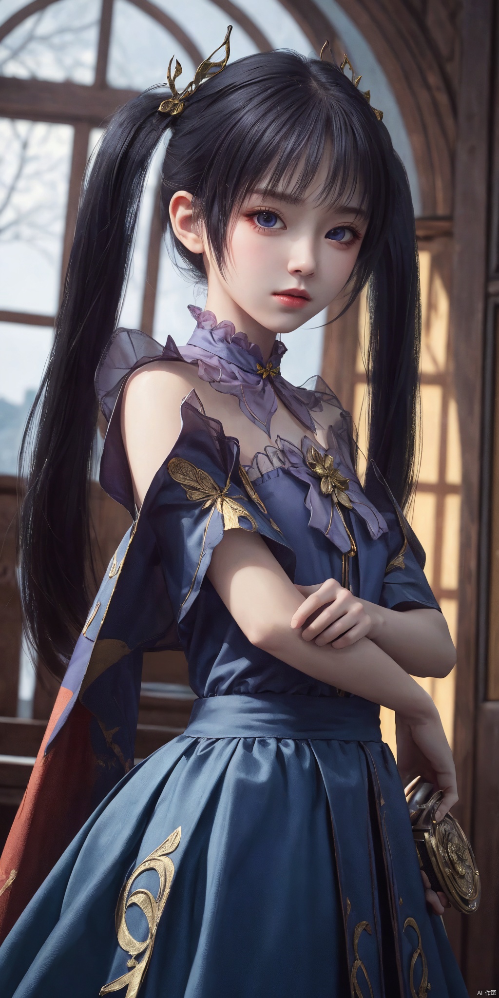 best quality, masterpiece, realistic,cowboy_shot,(Good structure), DSLR Quality,Depth of field, ,looking_at_viewer,Dynamic pose, ziyan, 1girl, solo, twintails, looking at viewer, upper body, dress