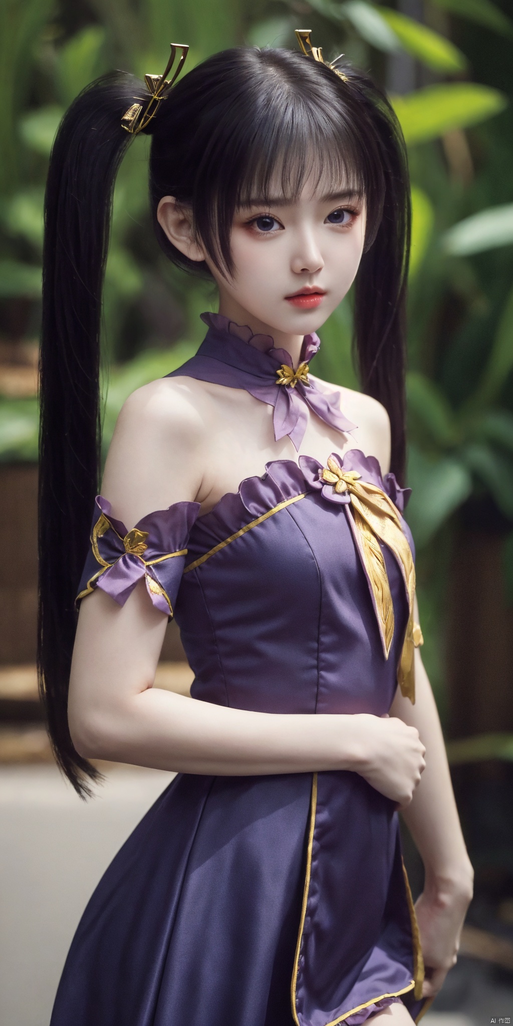best quality, masterpiece, realistic,cowboy_shot,(Good structure), DSLR Quality,Depth of field, ,looking_at_viewer,Dynamic pose, ziyan, 1girl, solo, twintails, looking at viewer, upper body, dress
