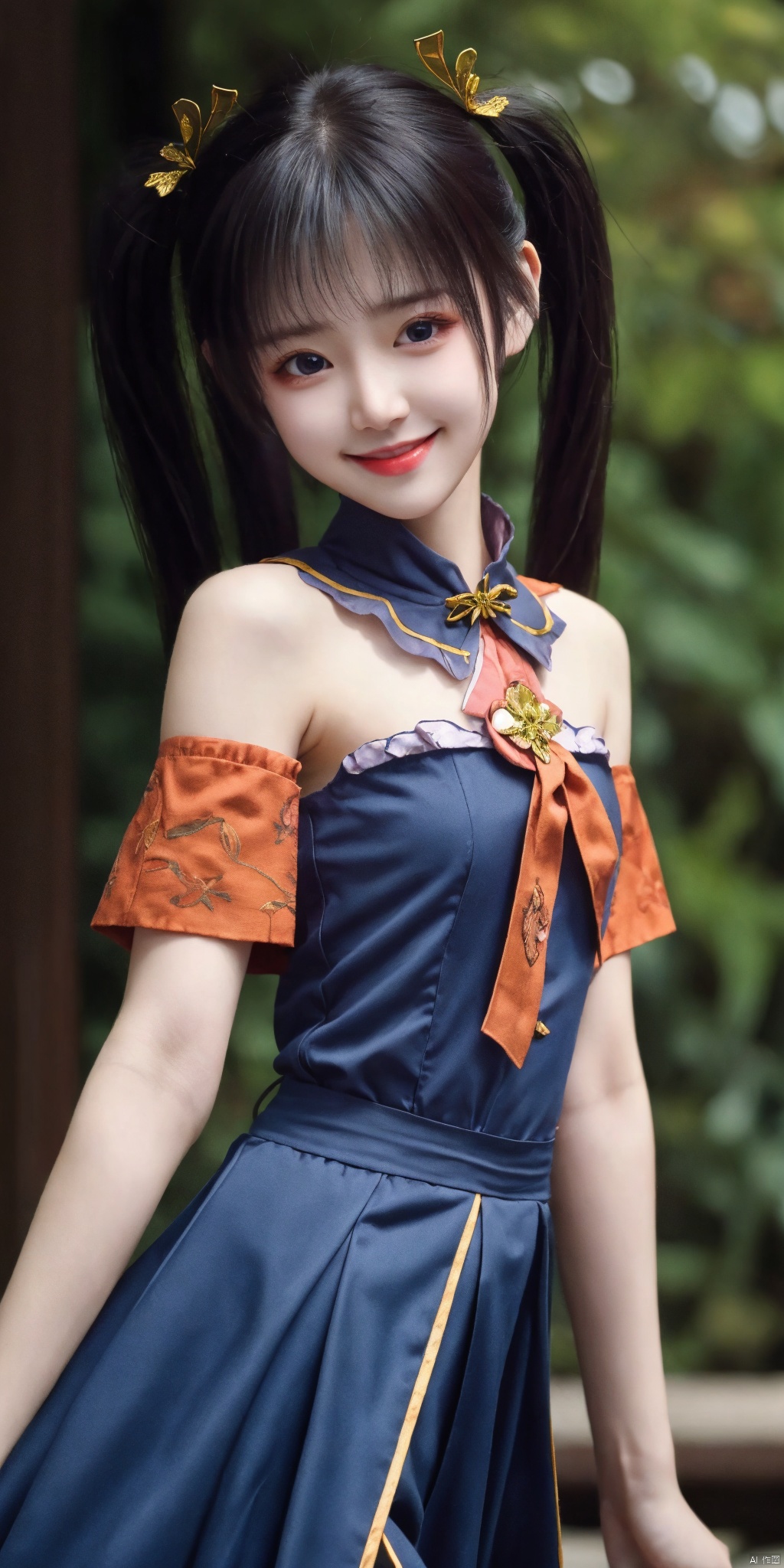 best quality, masterpiece, realistic,cowboy_shot,(Good structure), DSLR Quality,Depth of field,kind smile,looking_at_viewer,Dynamic pose, ziyan, 1girl, solo, twintails, looking at viewer, upper body, dress