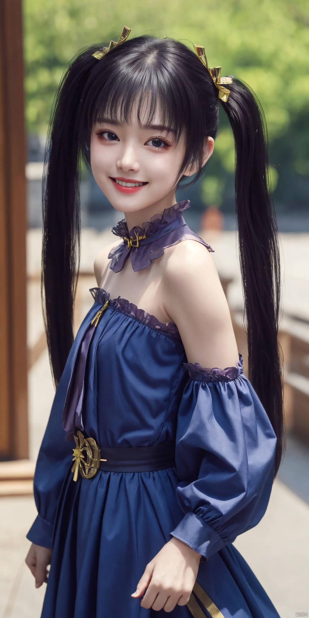 best quality, masterpiece, realistic,cowboy_shot,(Good structure), DSLR Quality,Depth of field,kind smile,looking_at_viewer,Dynamic pose, ziyan, 1girl, solo, twintails, looking at viewer, upper body, dress