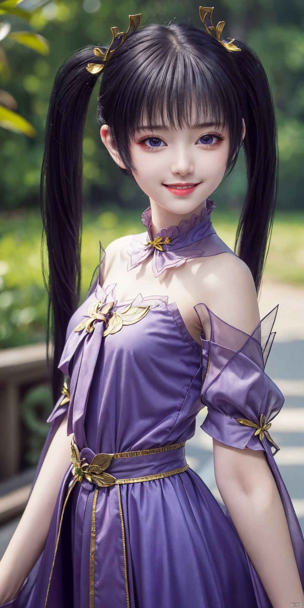 best quality, masterpiece, realistic,cowboy_shot,(Good structure), DSLR Quality,Depth of field,kind smile,looking_at_viewer,Dynamic pose, ziyan, 1girl, solo, twintails, looking at viewer, upper body, dress