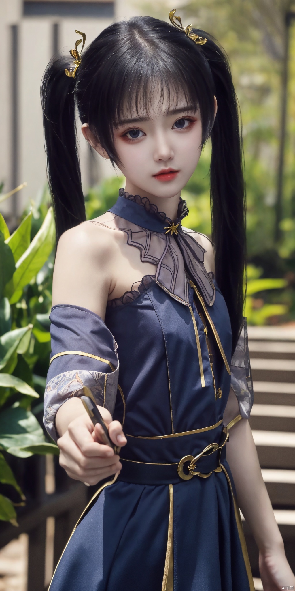 best quality, masterpiece, realistic,cowboy_shot,(Good structure), DSLR Quality,Depth of field, ,looking_at_viewer,Dynamic pose, ziyan, 1girl, solo, twintails, looking at viewer, upper body, dress
