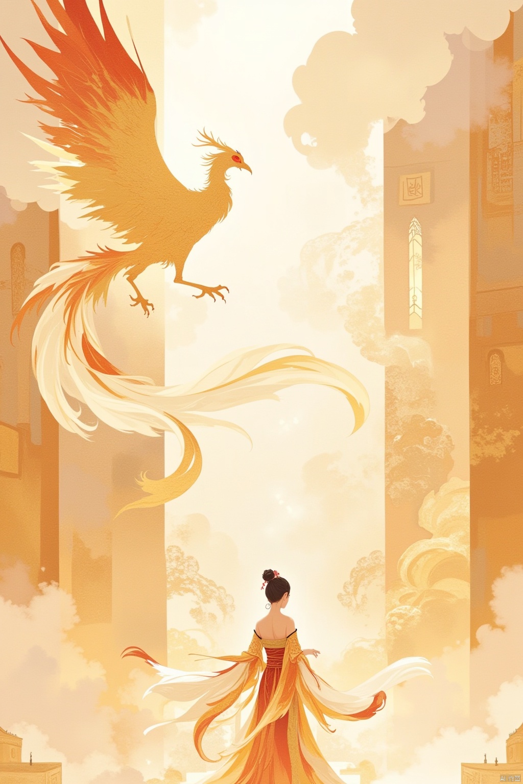 1girl, solo, short hair, black hair, dress, standing, hair bun, bird, chinese clothes, single hair bun, shawl, architecture, east asian architecture,chinese clothe,起风了敦煌