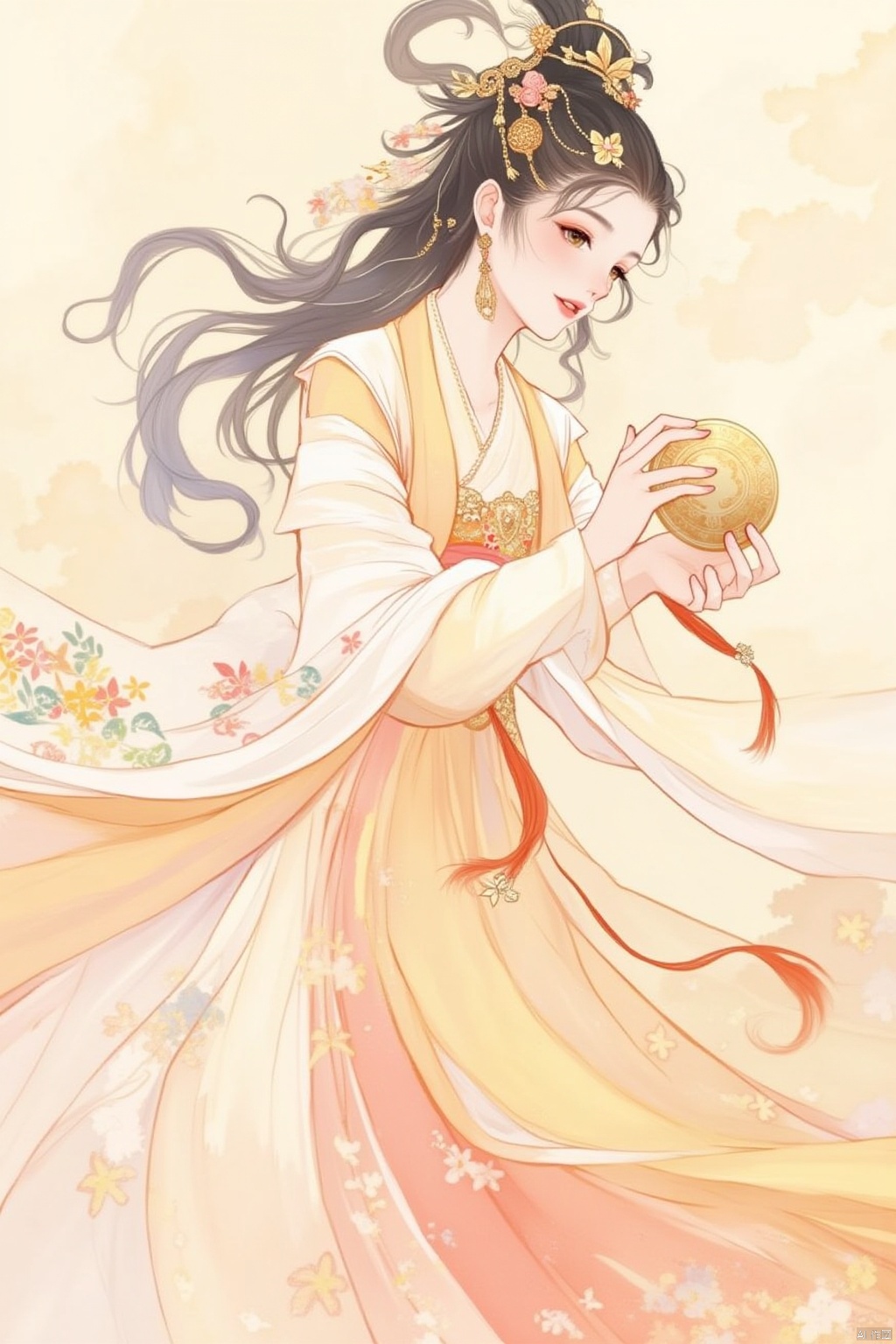 1girl, solo, black hair, hair ornament, long sleeves, dress, holding, jewelry, flower, earrings, hair flower, chinese clothes, tassel, shawl, hanfu