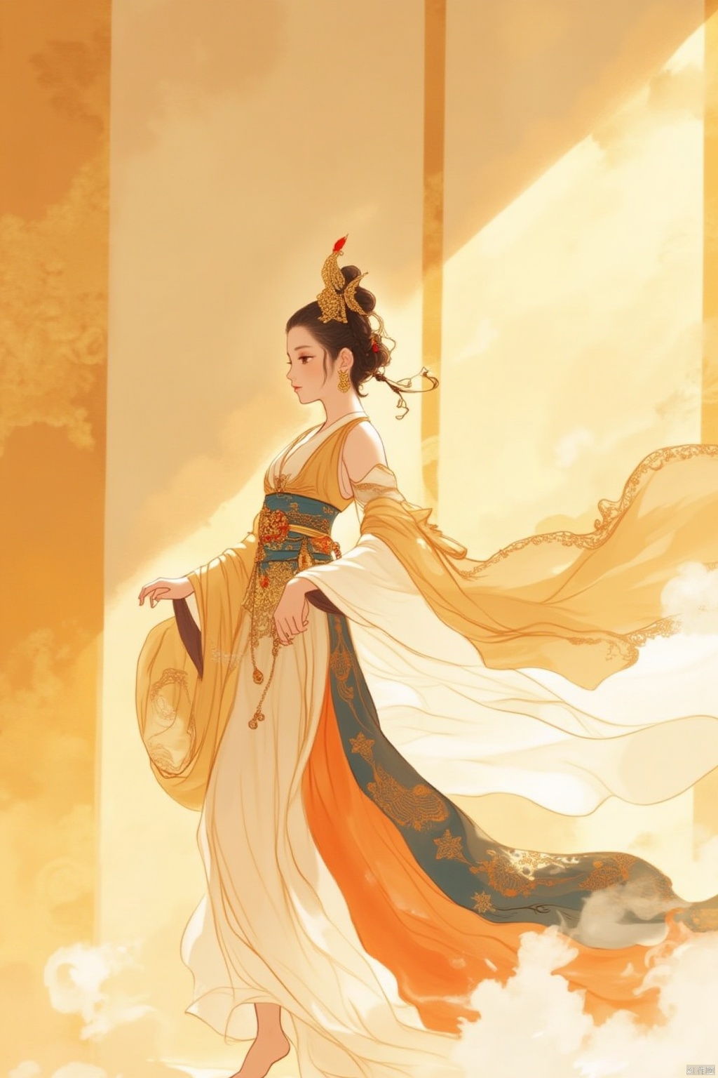 1girl, solo, short hair, black hair, hair ornament, long sleeves, dress, jewelry, closed mouth, standing, full body, earrings, barefoot, indoors, sash, profile, chinese clothes, shawl, hagoromo, hanfu