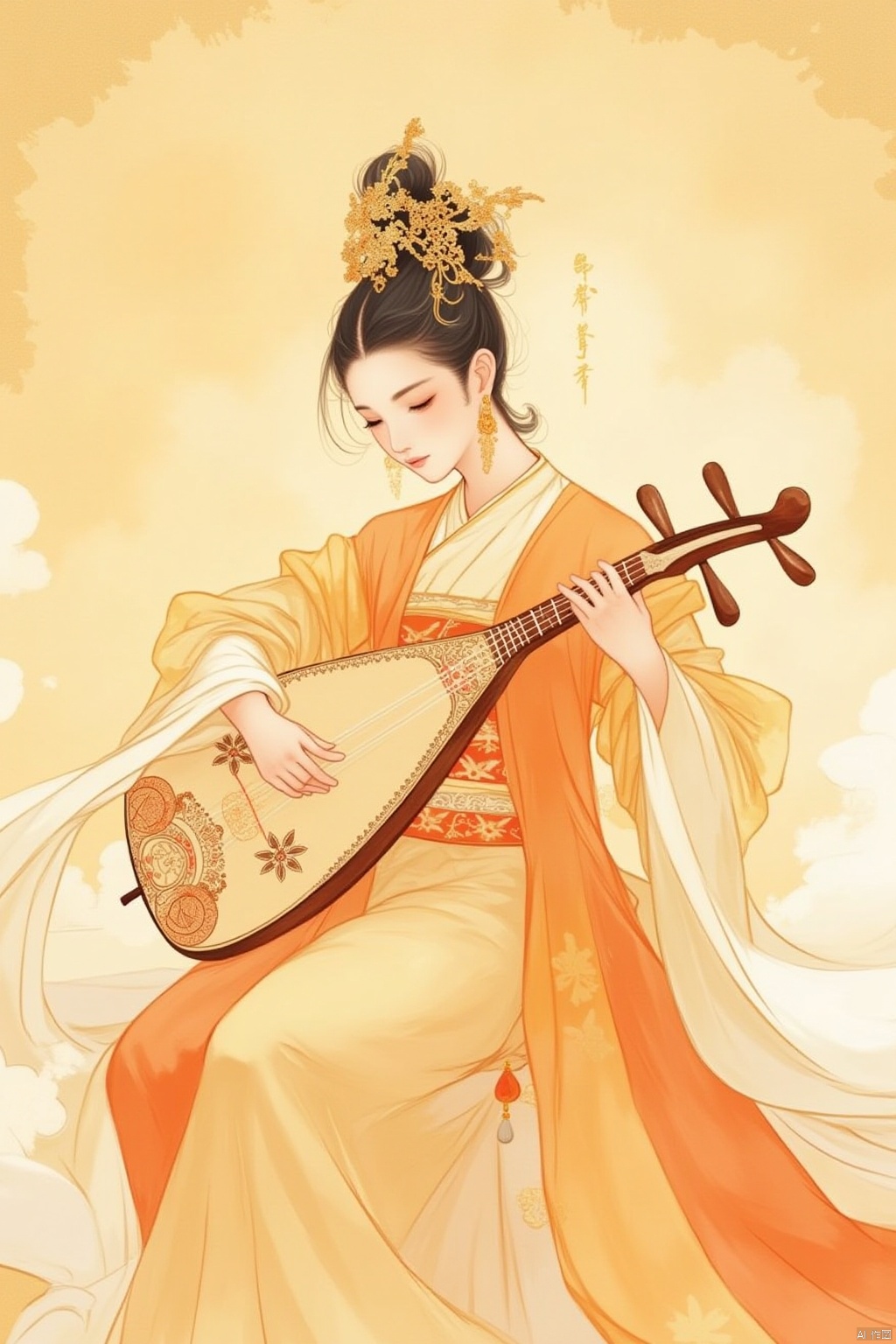 1girl, solo, black hair, hair ornament, long sleeves, dress, holding, jewelry, sitting, full body, closed eyes, earrings, chinese clothes, instrument, shawl, music, playing instrument, holding instrument, hanfu, lute \(instrument\),chinese clothe,起风了敦煌