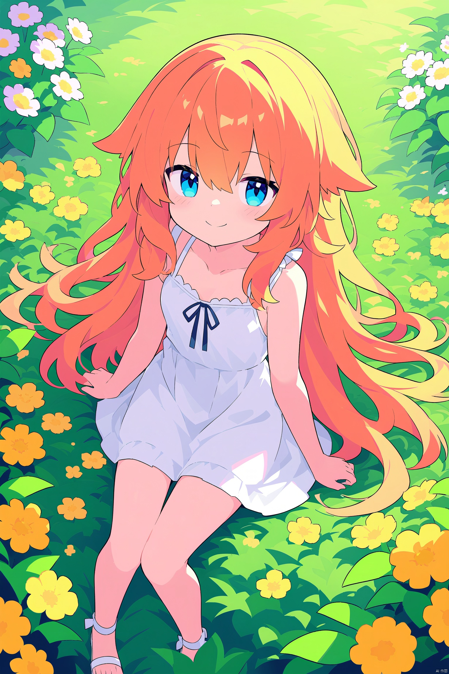 1girl, solo, long hair, blue eyes, dress, sitting,purple hair, white dress, looking at viewer, blush, smile, sleeveless, sleeveless dress, closed mouth, bare shoulders, very long hair, bangs, plant, bare arms, outdoors, sundress, hair flaps, feet out of frame, collarbone, flower, loli, petite, light orange hair, flower field