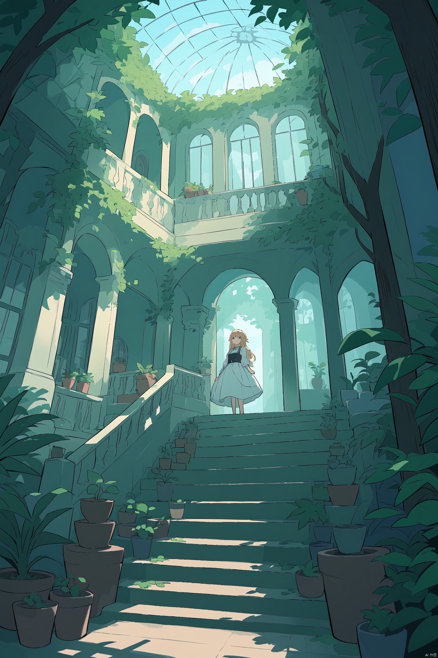 1girl, branch, dress, indoors, leaf, long_hair, plant, potted_plant, scenery, solo, stairs, tree, vines, window
