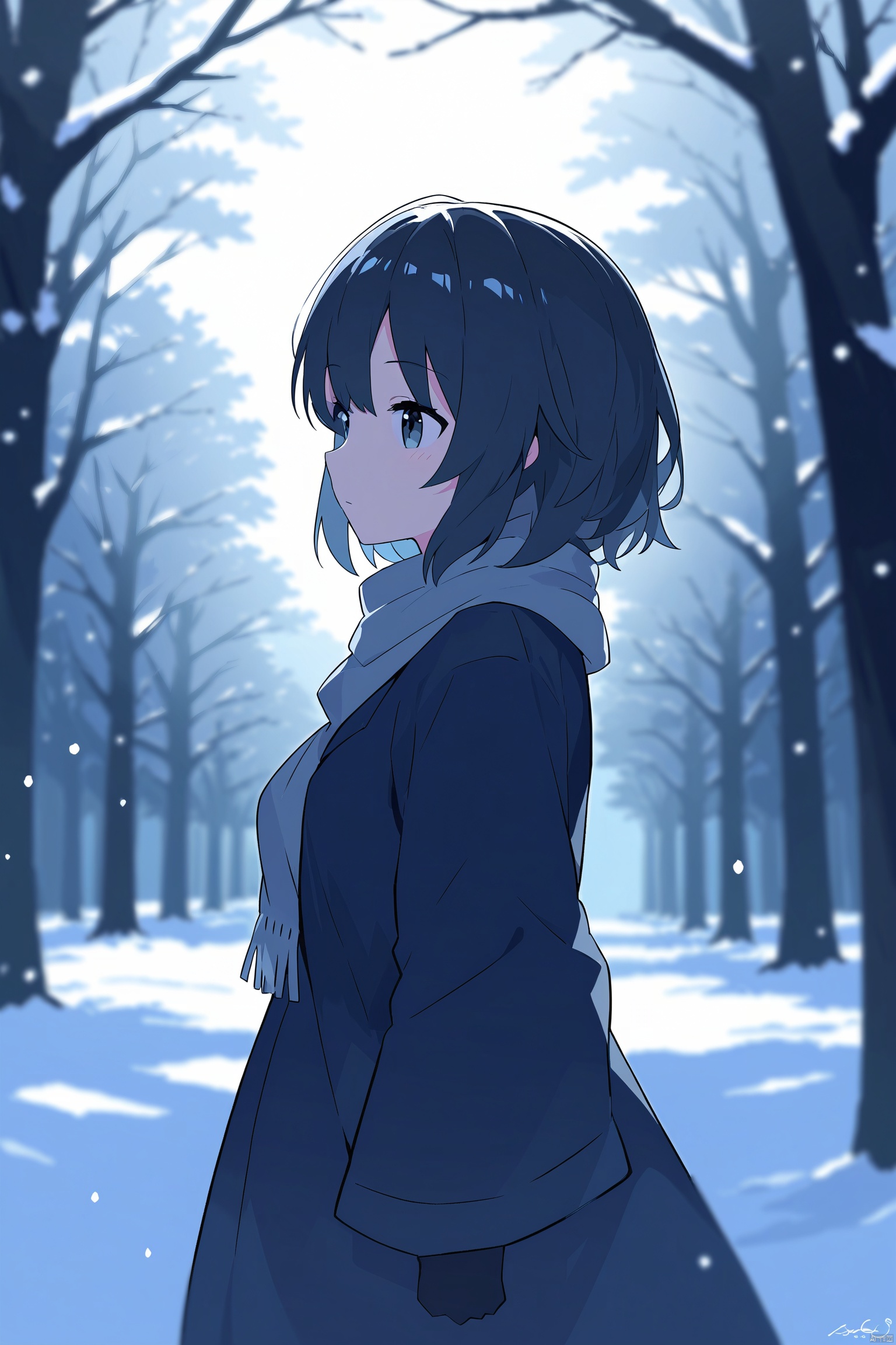 1girl, solo, scarf, snow, blurry, tree, depth_of_field, outdoors, winter, short_hair, signature, snowing, nature, wind, scenery, backlighting, bokeh, sunlight, silhouette, bare_tree, blurry_background, forest, from_behind
