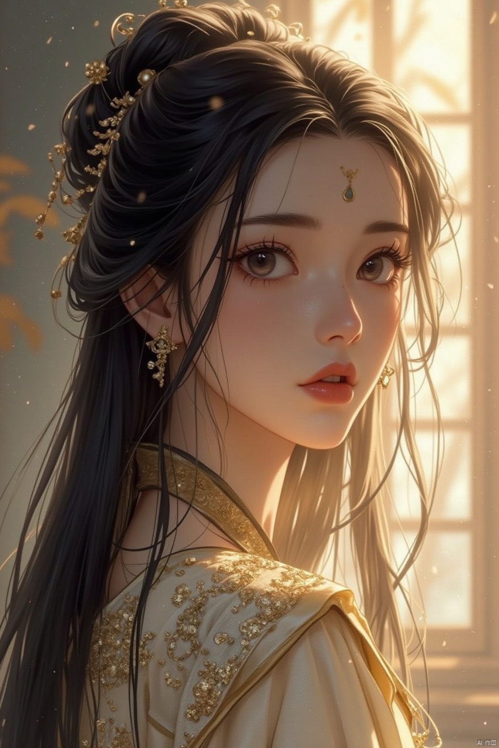 1girl, solo, long hair, looking at viewer, black hair, hair ornament, jewelry, closed mouth, upper body, earrings, indoors, hair bun, window, facial mark, chinese clothes, sunlight, light particles, forehead mark, hanfu