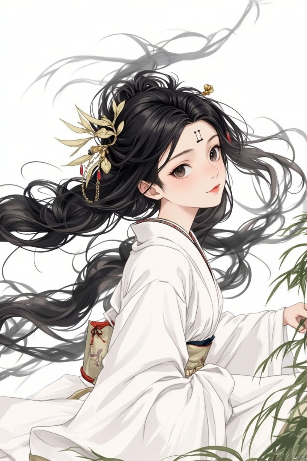 1girl, solo, long hair, looking at viewer, black hair, hair ornament, long sleeves, white background, very long hair, closed mouth, multicolored hair, japanese clothes, wide sleeves, kimono, black eyes, from side, sash, makeup, floating hair, leaf, facial mark, plant, wind, white kimono, forehead mark, red lips