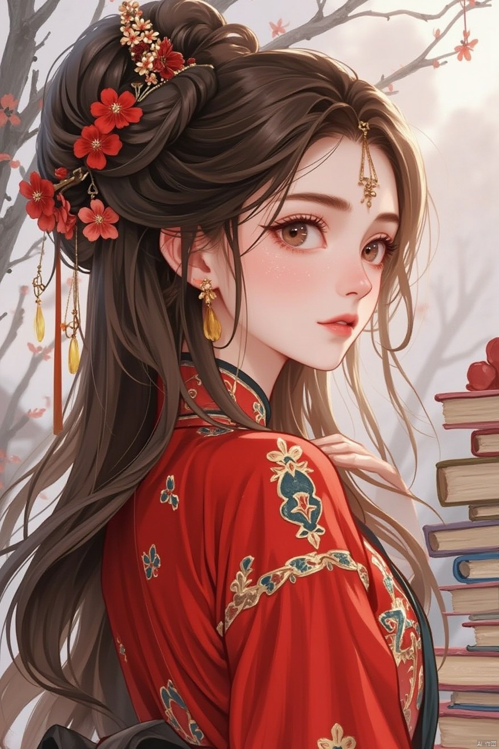 1girl, solo, long hair, looking at viewer, brown hair, black hair, hair ornament, dress, jewelry, upper body, flower, earrings, hair bun, from side, looking to the side, expressionless, chinese clothes, red dress, sarashi, branch, book stack