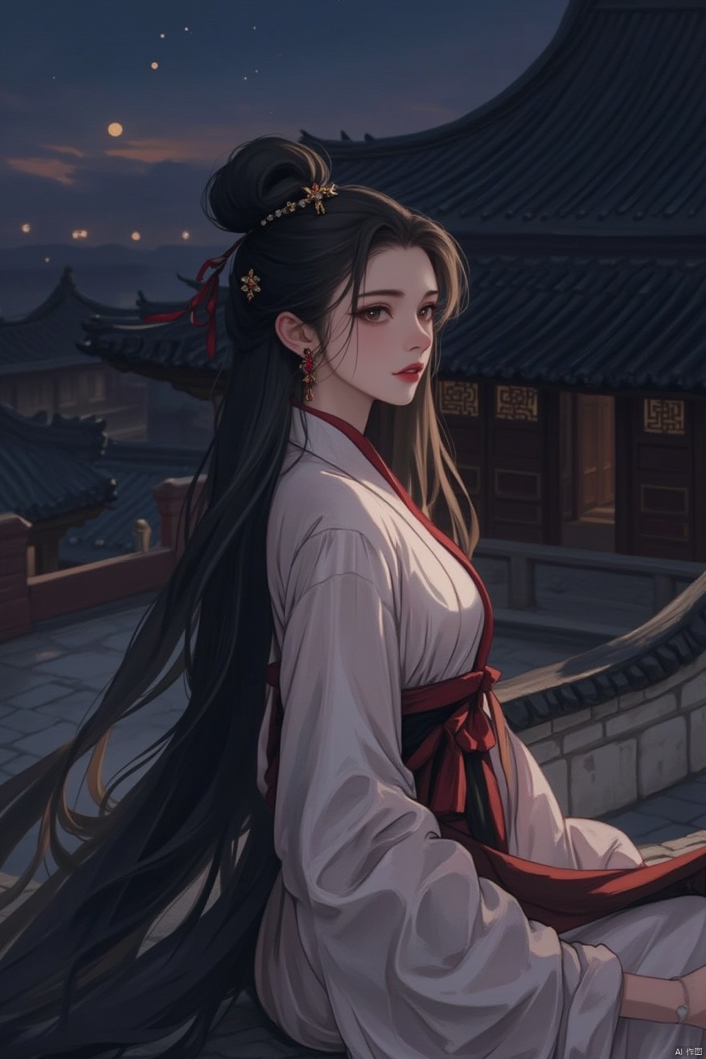 1girl, solo, long hair, black hair, hair ornament, long sleeves, dress, ribbon, jewelry, hair ribbon, upper body, earrings, outdoors, parted lips, sky, hair bun, sash, night, chinese clothes, architecture, hanfu