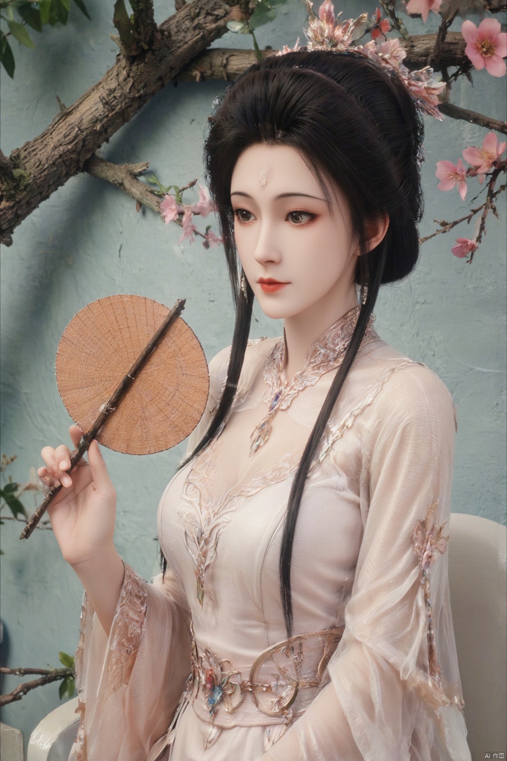 1girl, solo, looking at viewer, smile, black hair, hair ornament, long sleeves, (pink dress:1.23), holding, jewelry, sitting, closed mouth, flower, wide sleeves, necklace, black eyes, chinese clothes, hand fan, realistic, branch, red lips, hair stick, holding fan, hanfu,Xzhanguopao,Xqinhan,Xluxueqi,Xhuijin,Xhuolinger,(big breasts:1.59)