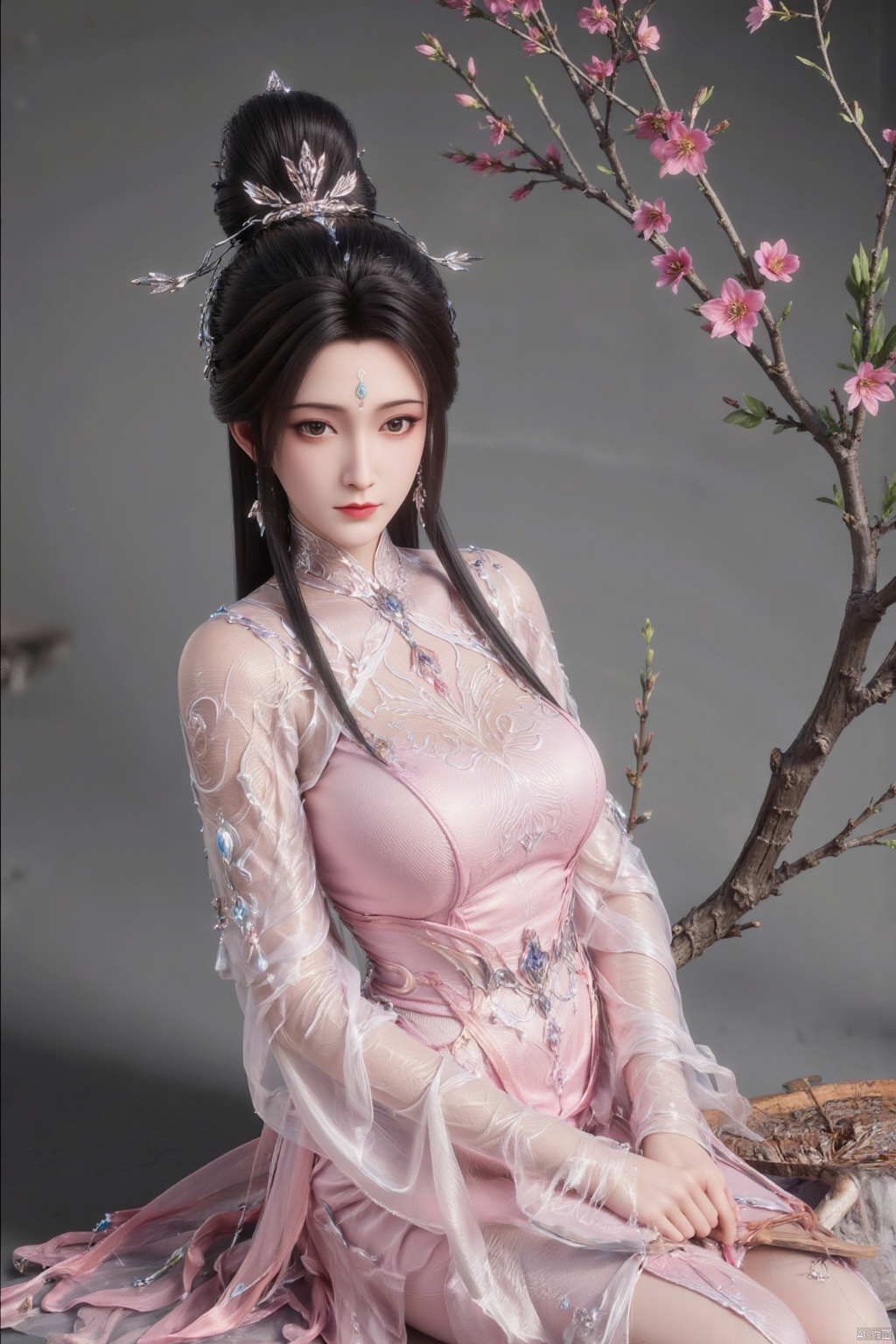 1girl, solo, looking at viewer, smile, black hair, hair ornament, long sleeves, (pink dress:1.23), holding, jewelry, sitting, closed mouth, flower, wide sleeves, necklace, black eyes, chinese clothes, hand fan, realistic, branch, red lips, hair stick, holding fan, hanfu,Xzhanguopao,Xqinhan,Xluxueqi,Xhuijin,Xhuolinger,(big breasts:1.59)