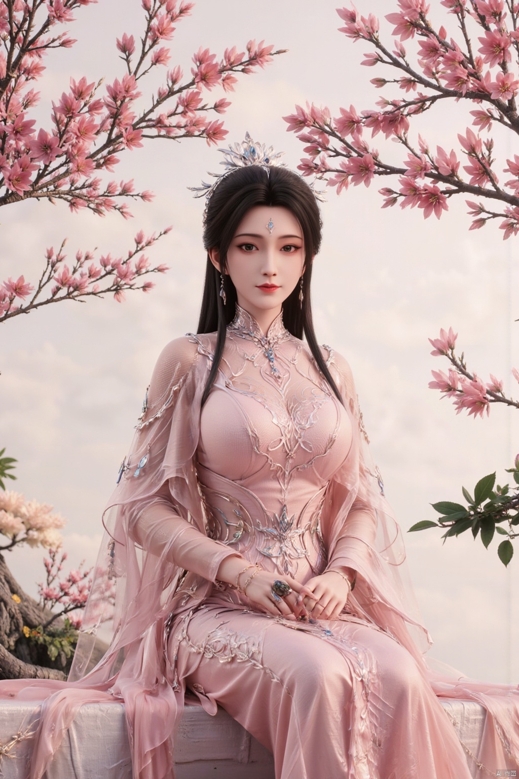 1girl, solo, looking at viewer, smile, black hair, hair ornament, long sleeves, (pink dress:1.23), holding, jewelry, sitting, closed mouth, flower, wide sleeves, necklace, black eyes, chinese clothes, hand fan, realistic, branch, red lips, hair stick, holding fan, hanfu,Xzhanguopao,Xqinhan,Xluxueqi,Xhuijin,Xhuolinger,(big breasts:1.59)