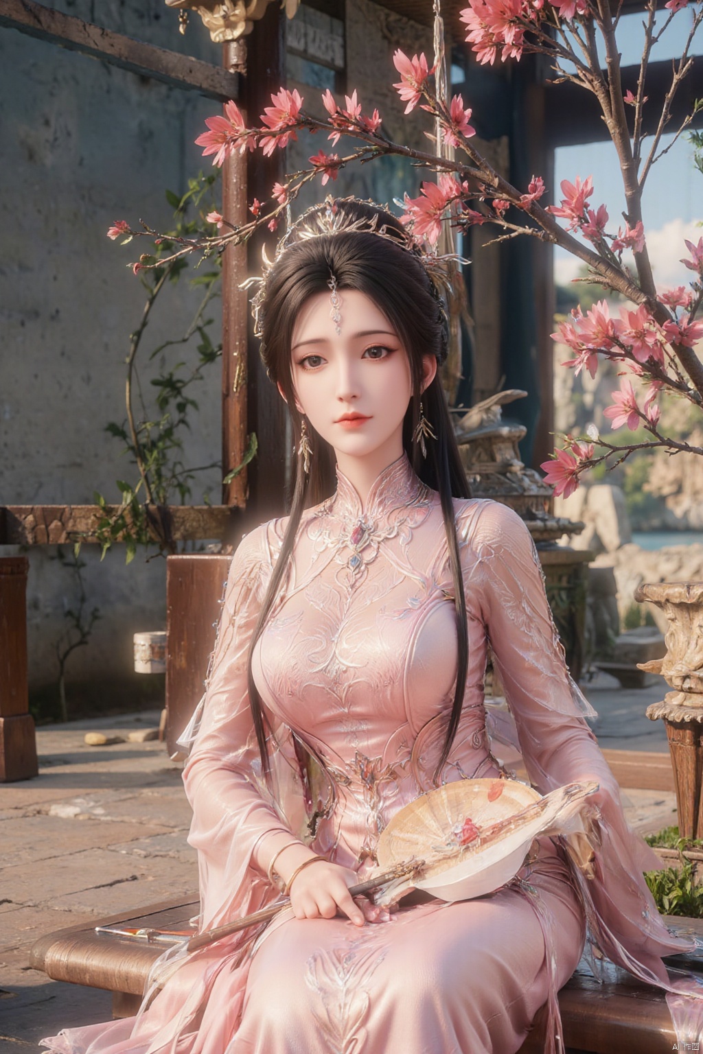1girl, solo, looking at viewer, smile, black hair, hair ornament, long sleeves, (pink dress:1.23), holding, jewelry, sitting, closed mouth, flower, wide sleeves, necklace, black eyes, chinese clothes, hand fan, realistic, branch, red lips, hair stick, holding fan, hanfu,Xzhanguopao,Xqinhan,Xluxueqi,Xhuijin,Xhuolinger,(big breasts:1.59)