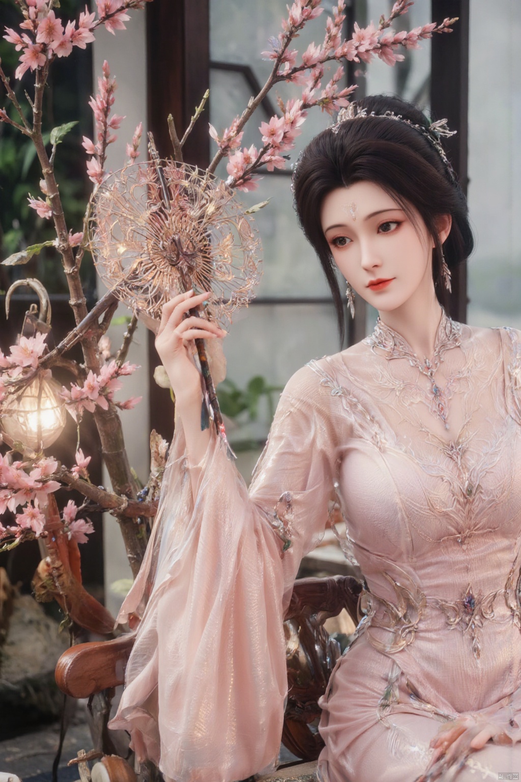1girl, solo, looking at viewer, smile, black hair, hair ornament, long sleeves, (pink dress:1.23), holding, jewelry, sitting, closed mouth, flower, wide sleeves, necklace, black eyes, chinese clothes, hand fan, realistic, branch, red lips, hair stick, holding fan, hanfu,Xzhanguopao,Xqinhan,Xluxueqi,Xhuijin,Xhuolinger,(big breasts:1.59)