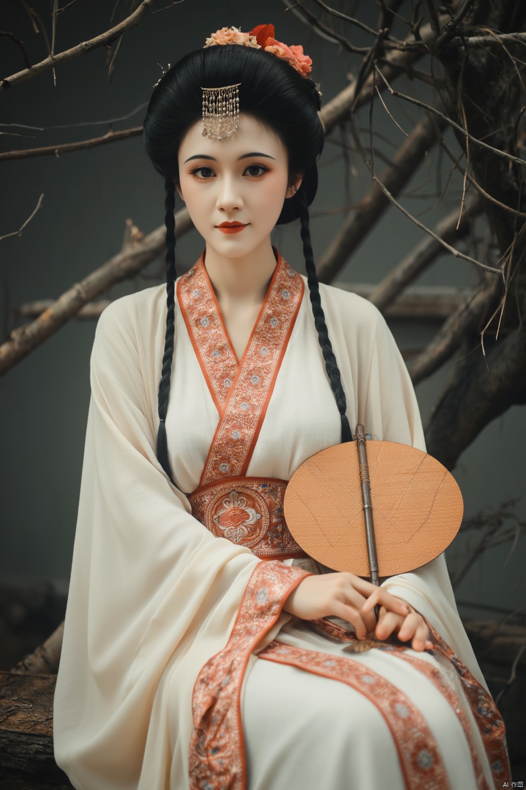 1girl, solo, looking at viewer, smile, black hair, hair ornament, long sleeves, dress, holding, jewelry, sitting, closed mouth, flower, wide sleeves, necklace, black eyes, chinese clothes, hand fan, realistic, branch, red lips, hair stick, holding fan, hanfu,Xzhanguopao,Xqinhan,Xluxueqi,Xhuijin,Xhuolinger,(big breasts:1.39)