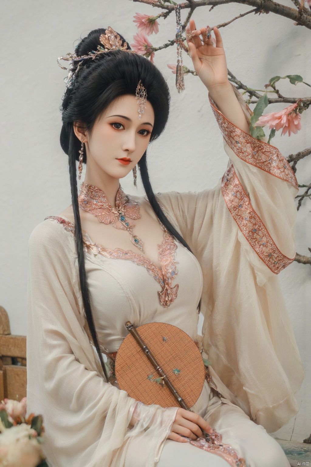 1girl, solo, looking at viewer, smile, black hair, hair ornament, long sleeves, dress, holding, jewelry, sitting, closed mouth, flower, wide sleeves, necklace, black eyes, chinese clothes, hand fan, realistic, branch, red lips, hair stick, holding fan, hanfu,Xzhanguopao,Xqinhan,Xluxueqi,Xhuijin,Xhuolinger,(big breasts:1.39)