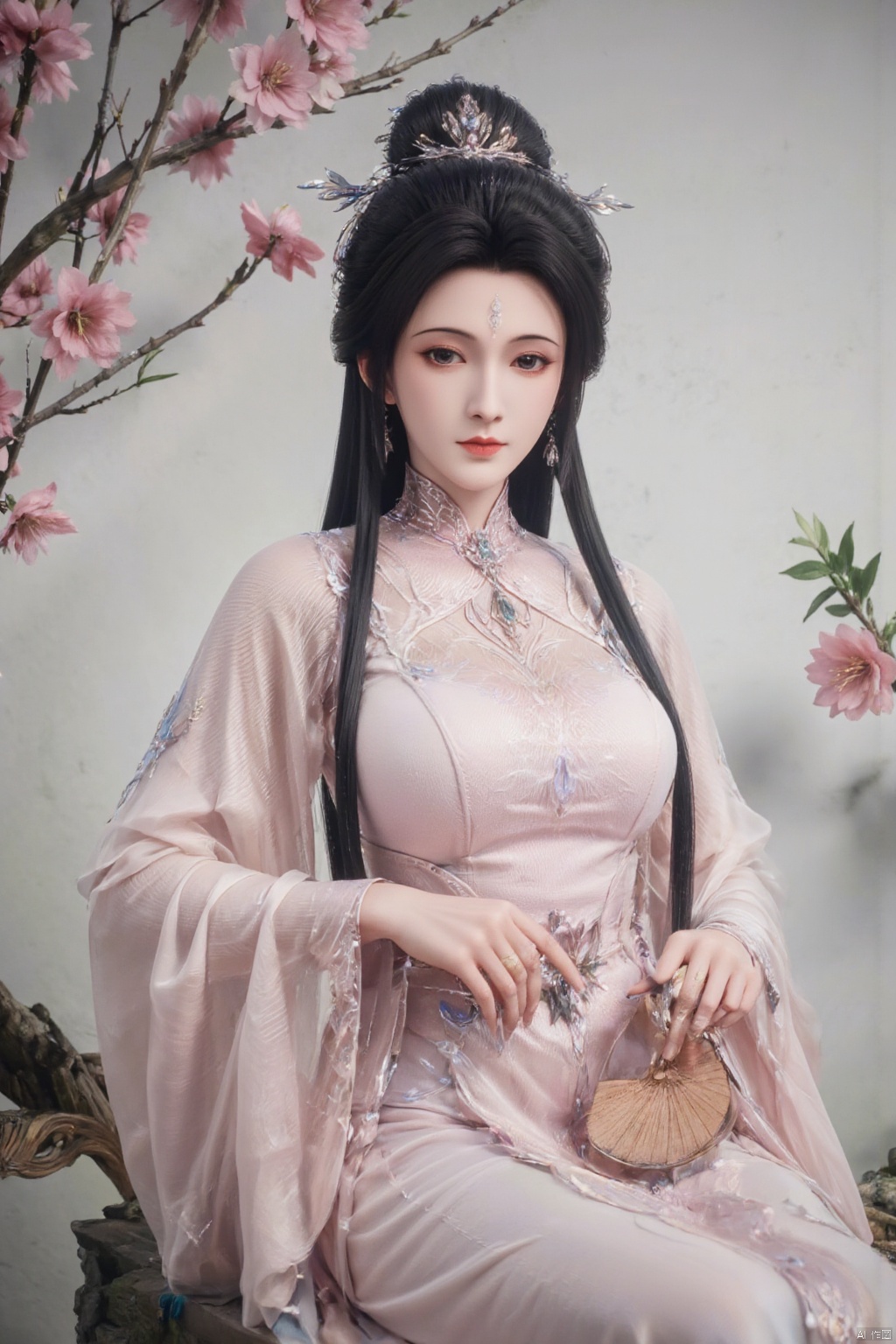 1girl, solo, looking at viewer, smile, black hair, hair ornament, long sleeves, (pink dress:1.23), holding, jewelry, sitting, closed mouth, flower, wide sleeves, necklace, black eyes, chinese clothes, hand fan, realistic, branch, red lips, hair stick, holding fan, hanfu,Xzhanguopao,Xqinhan,Xluxueqi,Xhuijin,Xhuolinger,(big breasts:1.59)