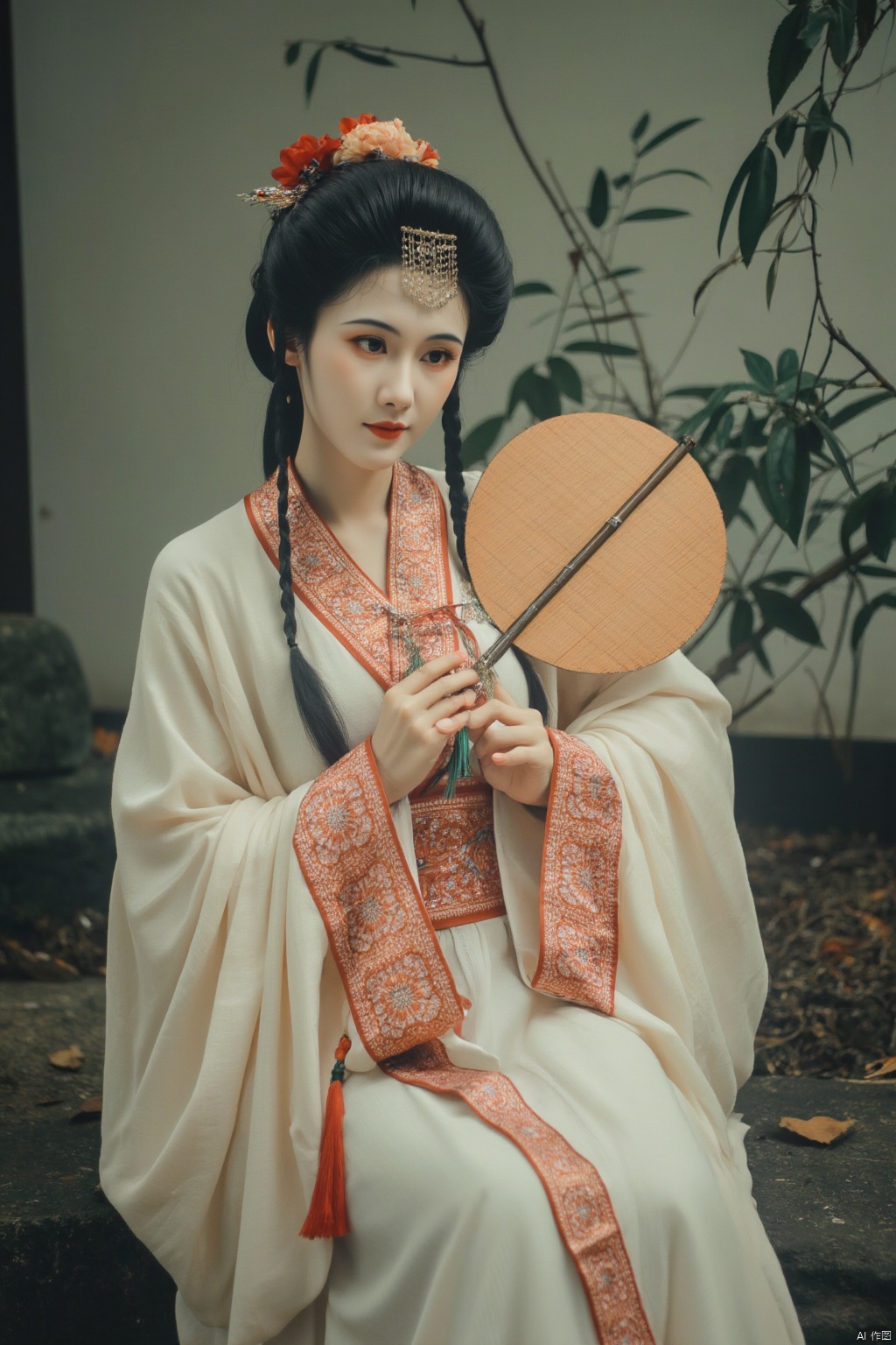 1girl, solo, looking at viewer, smile, black hair, hair ornament, long sleeves, dress, holding, jewelry, sitting, closed mouth, flower, wide sleeves, necklace, black eyes, chinese clothes, hand fan, realistic, branch, red lips, hair stick, holding fan, hanfu,Xzhanguopao,Xqinhan,Xluxueqi,Xhuijin,Xhuolinger