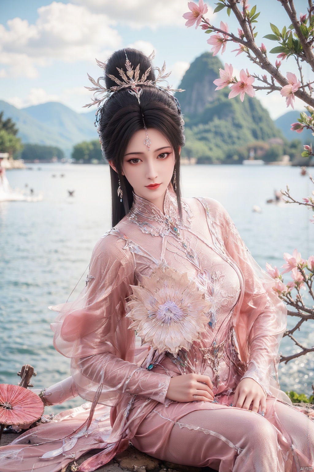 1girl, solo, looking at viewer, smile, black hair, hair ornament, long sleeves, (pink dress:1.23), holding, jewelry, sitting, closed mouth, flower, wide sleeves, necklace, black eyes, chinese clothes, hand fan, realistic, branch, red lips, hair stick, holding fan, hanfu,Xzhanguopao,Xqinhan,Xluxueqi,Xhuijin,Xhuolinger,(big breasts:1.59)