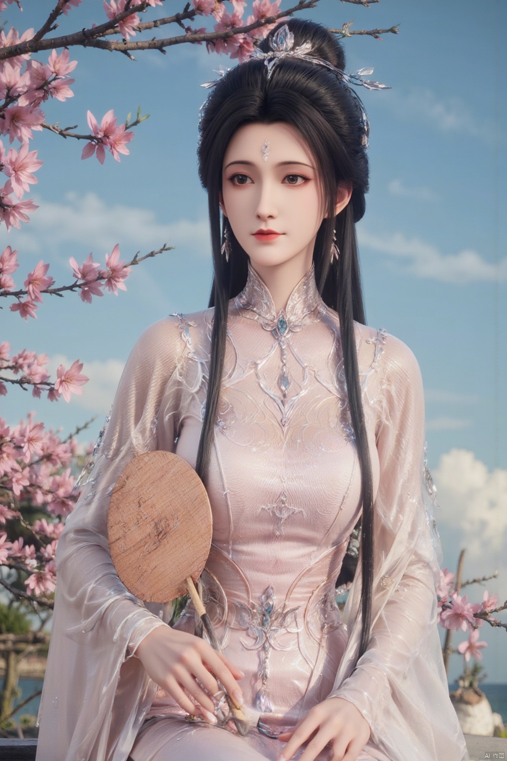 1girl, solo, looking at viewer, smile, black hair, hair ornament, long sleeves, (pink dress:1.23), holding, jewelry, sitting, closed mouth, flower, wide sleeves, necklace, black eyes, chinese clothes, hand fan, realistic, branch, red lips, hair stick, holding fan, hanfu,Xzhanguopao,Xqinhan,Xluxueqi,Xhuijin,Xhuolinger,(big breasts:1.59)