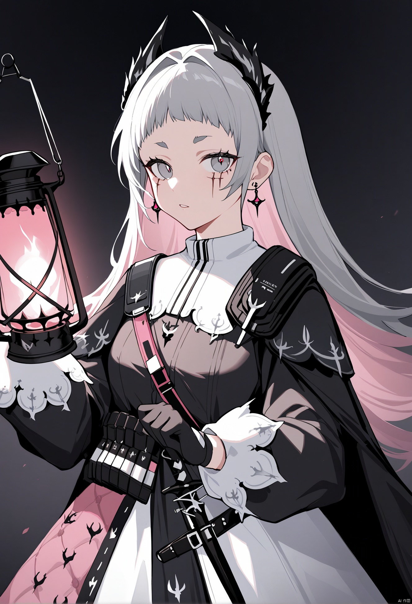  best quality, masterpiece, 1girl, solo, irene \(arknights\), gloves, scar across eye, black gloves, long hair, lantern, holding, scar, weapon, grey hair, sword, scar on face, grey eyes, parted lips, looking at viewer, holding lantern, head wings, long sleeves, jacket, black jacket, earrings, pink hair, jewelry, skirt