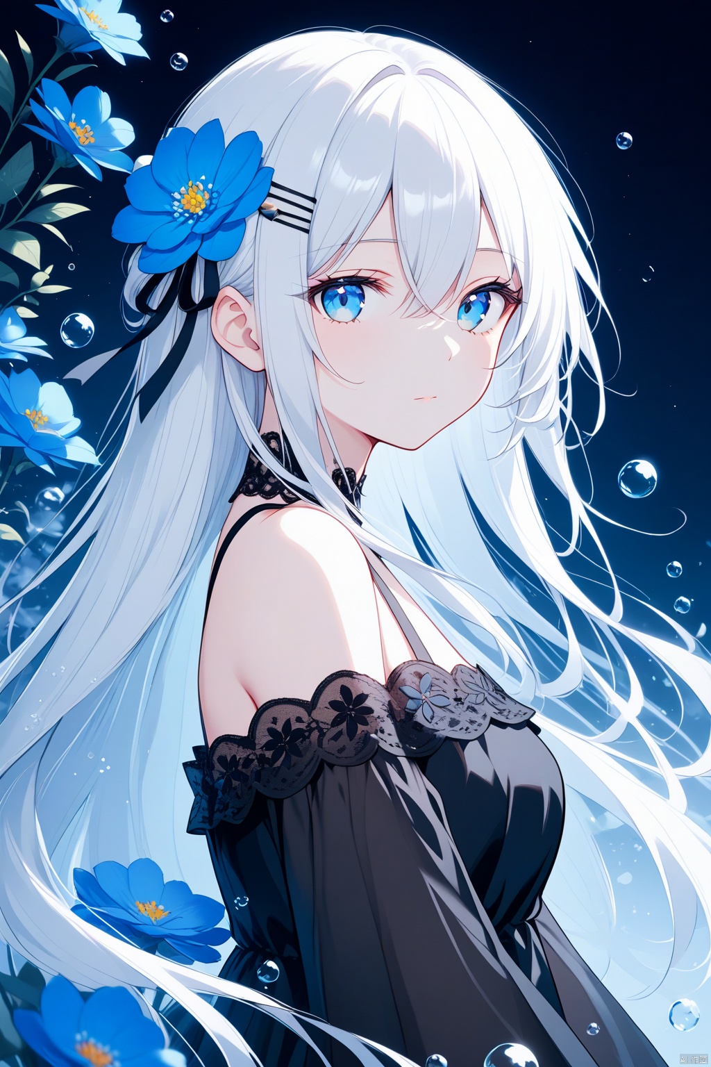 1girl, solo, long hair, looking at viewer, bangs, blue eyes, hair ornament, dress, ribbon, hair between eyes, bare shoulders, closed mouth, upper body, flower, white hair, hairclip, off shoulder, black dress, from side, bubble, blue flower, off-shoulder dress