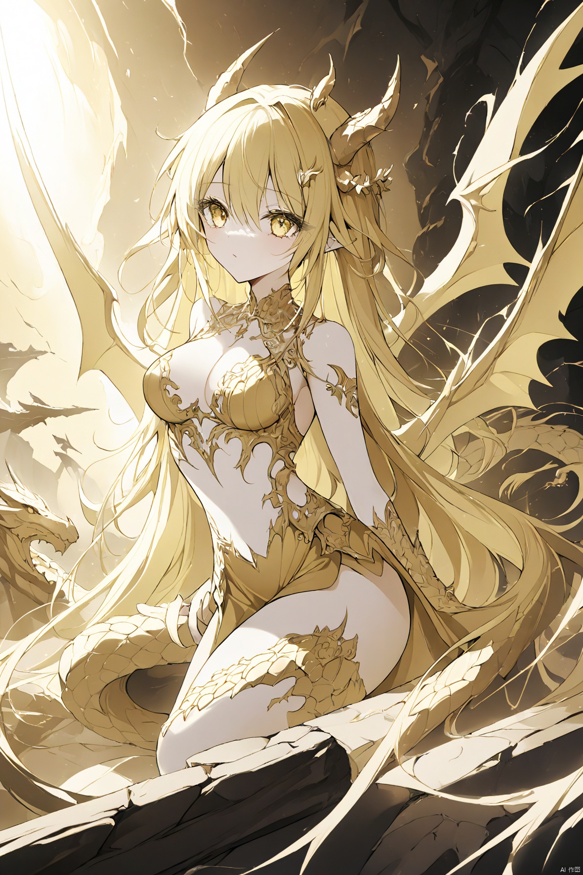  (anime art: 1.21), (dragon: 1.1), (dragon in background: 1.21), 1girl with wings on back, looking at viwer, snake eyes, (yellow theme: 1.5), (monochrome: 1.1), (ethereal beauty: 1.4), (captivating lighting: 1.2), (ethereal aura: 1.3), (mysterious ambiance: 1.2), (thunder in the distance: 1.2), (fantasy art: 1.3), (ethereal scene: 1.3), , masterpiece,best quality,8k,insane details,intricate details,high detail,((masterpiece)), ((best quality))